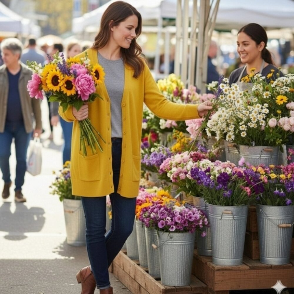 Chadwicks Women’s XLP Cardigan Sweater Yellow Long Sleeve Cotton Pockets